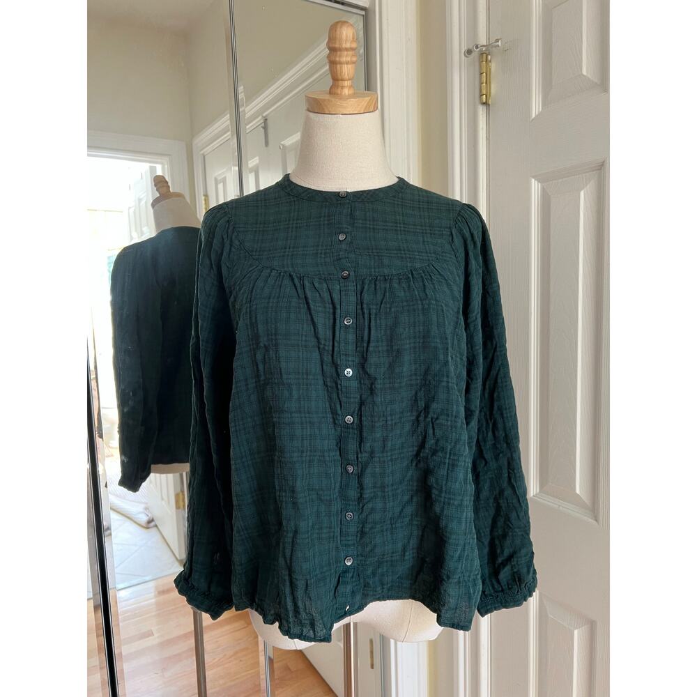 Madewell Dark Green Plaid Button Up Balloon Sleeve Flowy Blouse Top